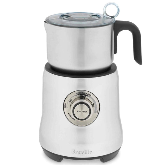 Breville BMF600XL Milk Cafe Electric Frother with stainless steel exterior and automatic temperature control dial