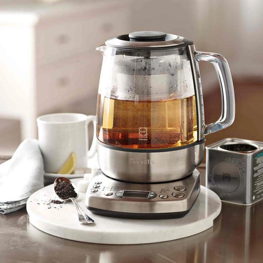 Breville One-Touch Tea Maker BTM800XL silver electric tea brewer with adjustable temperature and strength settings, glass kettle, and LCD display