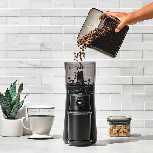 OXO Brew Conical Burr Coffee Grinder with 15 grind settings and stainless-steel burrs for uniform grounds