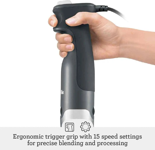 Breville Control Grip immersion blender with ergonomic trigger, 15 speeds, stainless steel shaft, and non-scratch bell-shaped base.