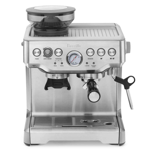 Breville Barista Express stainless steel espresso machine with integrated grinder and steam wand