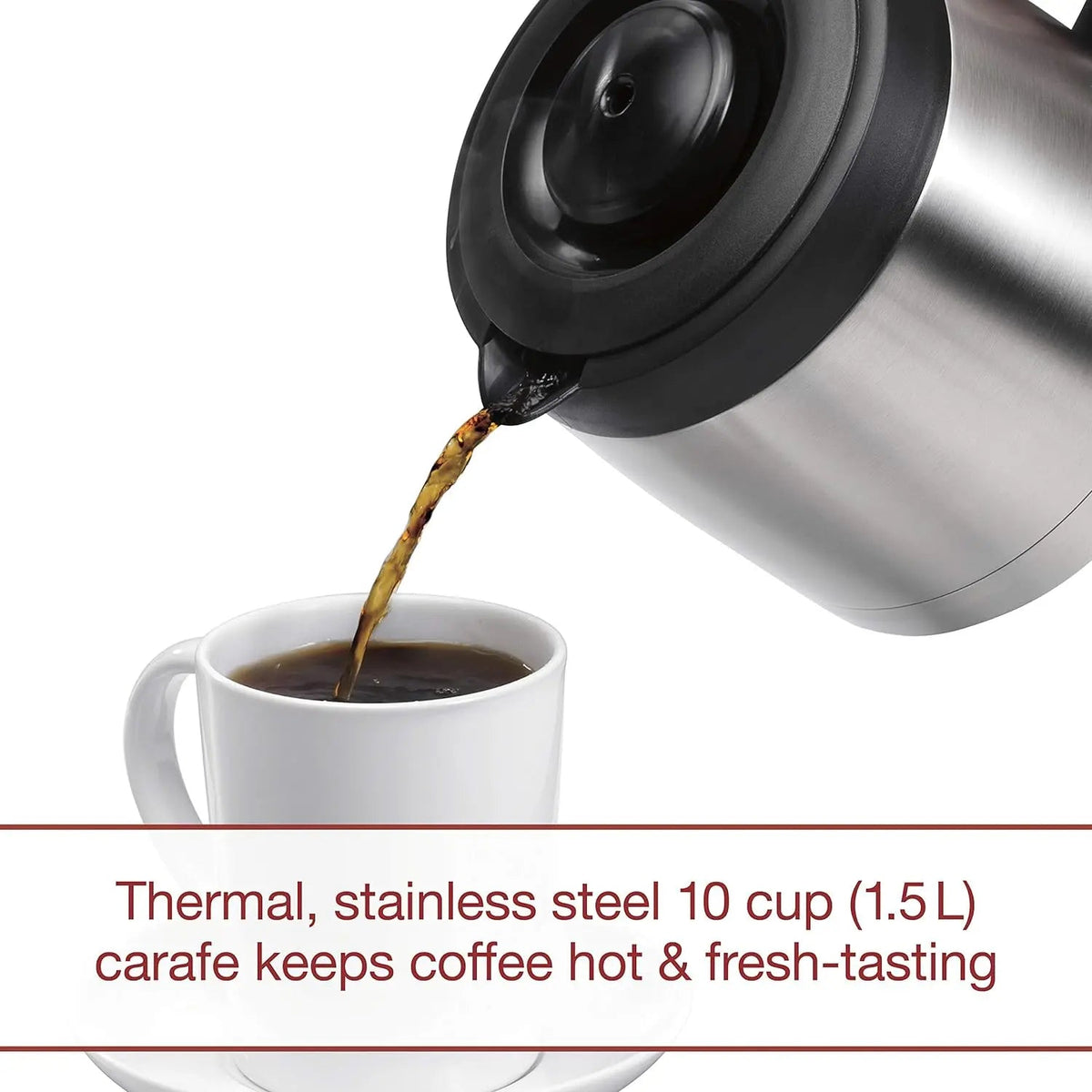 Wolf Gourmet automatic drip coffee maker with 10-cup capacity, featuring a sleek design and brewing basket for fresh coffee.