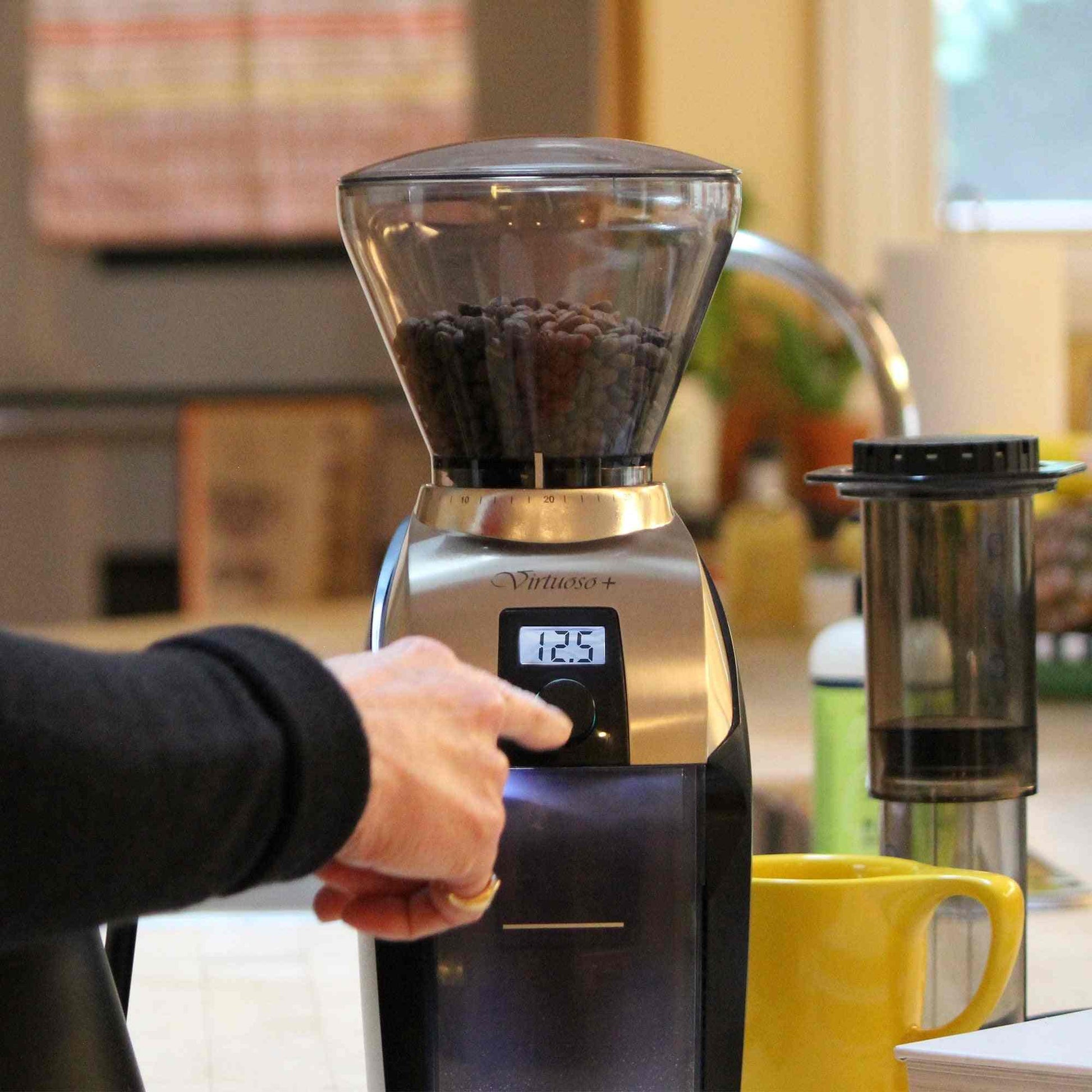 Baratza Virtuoso+ conical burr coffee grinder with digital timer and 40 grind settings for precise brewing