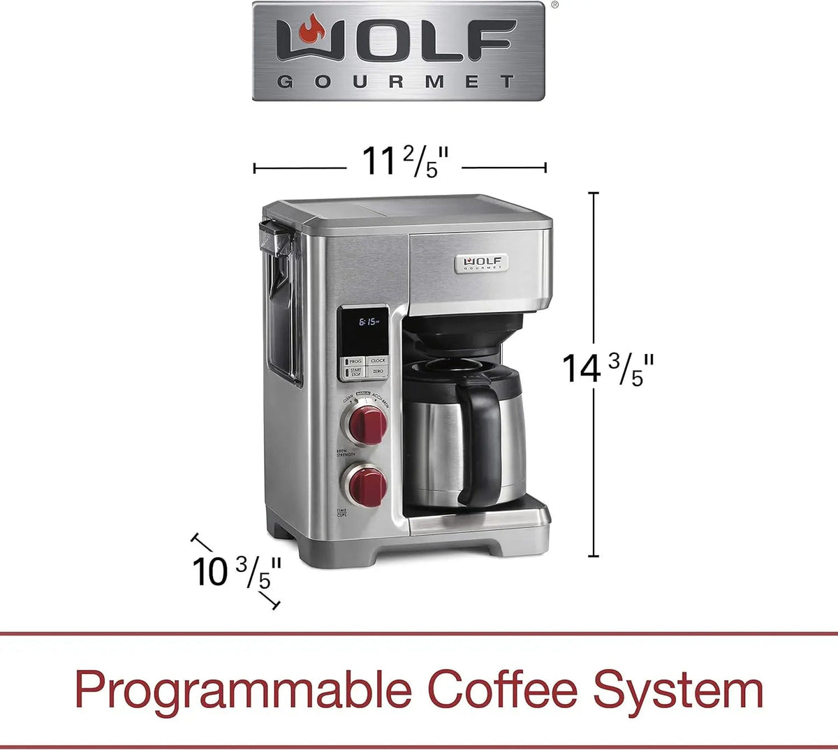Wolf Gourmet Automatic Drip 10-Cup Coffee Maker with glass carafe and digital controls on a kitchen countertop.