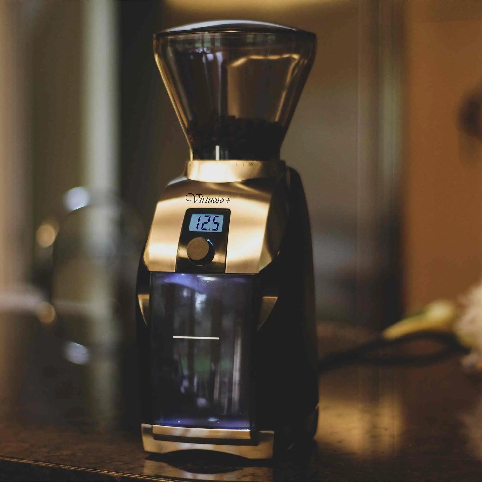 Baratza Virtuoso+ conical burr coffee grinder with digital timer and 40 grind settings for precise brewing