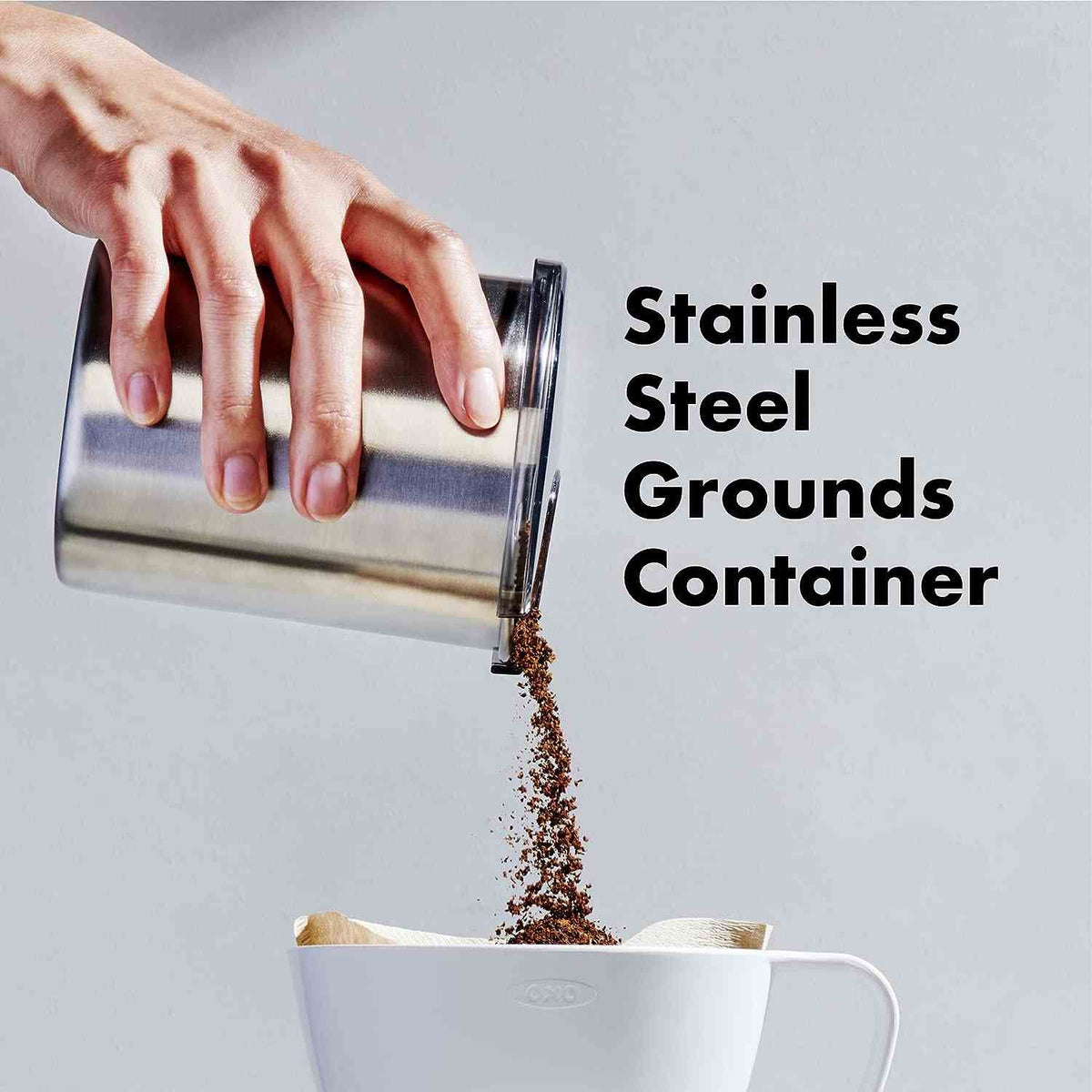 OXO Brew Conical Burr Coffee Grinder with stainless steel burrs and 15 grind settings in black and stainless steel design