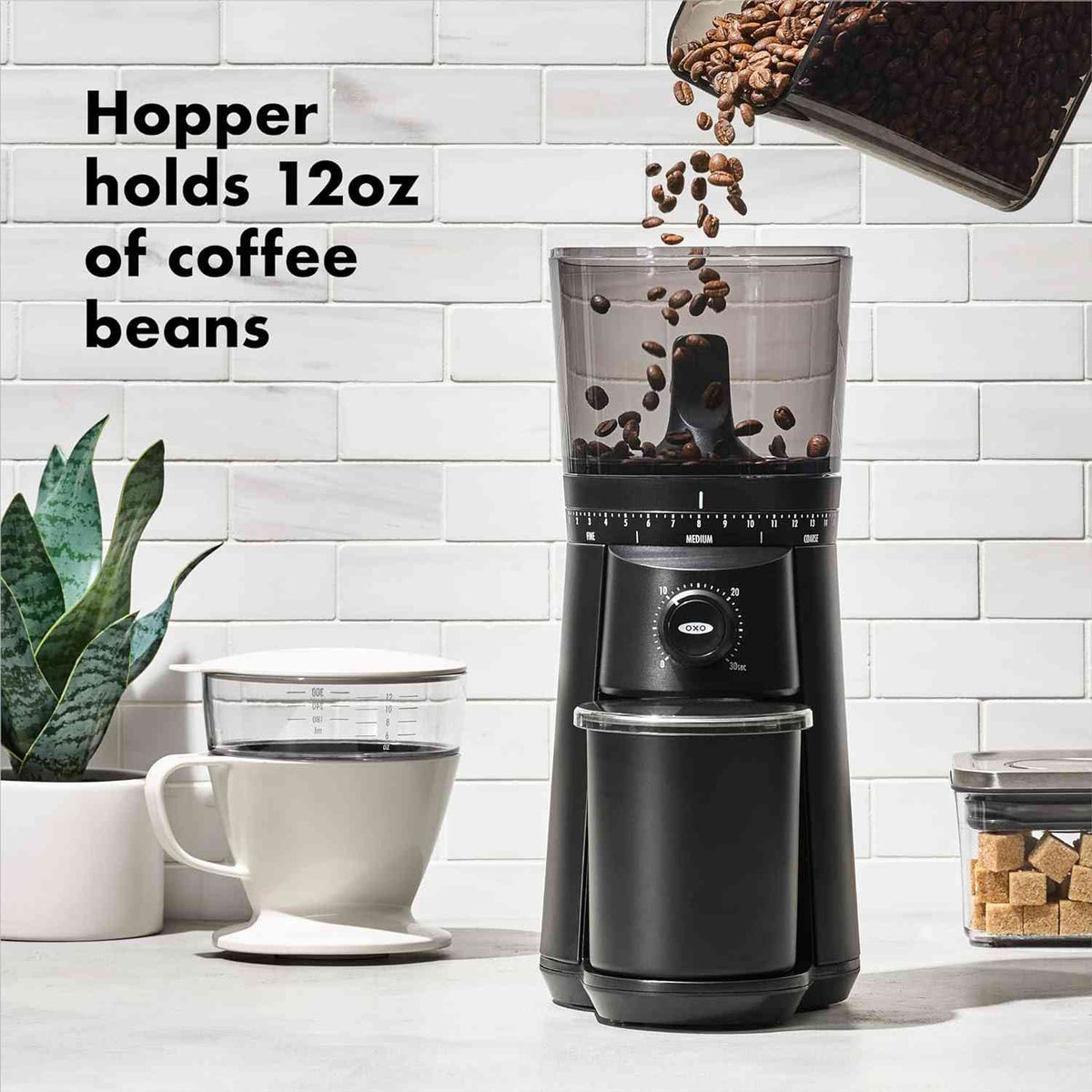 OXO Brew Conical Burr Coffee Grinder with stainless steel burrs, 15 grind settings, and UV-blocking hopper for fresh coffee beans