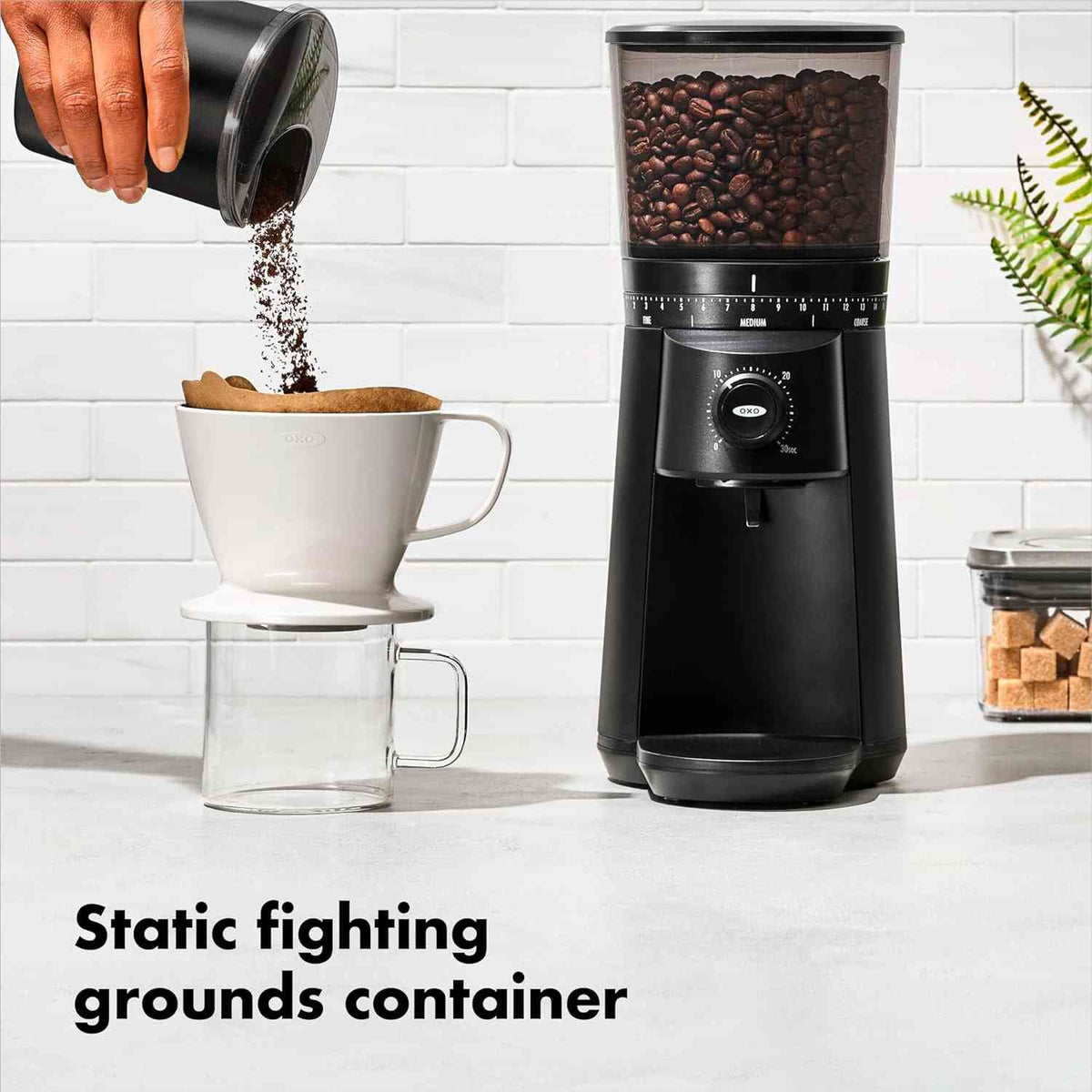 OXO Brew Conical Burr Coffee Grinder with stainless steel burrs and 15 grind settings