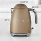 SMEG electric kettle with 360˚ swivel base, auto-shutoff, water-level indicators, steam release, and removable limescale filter