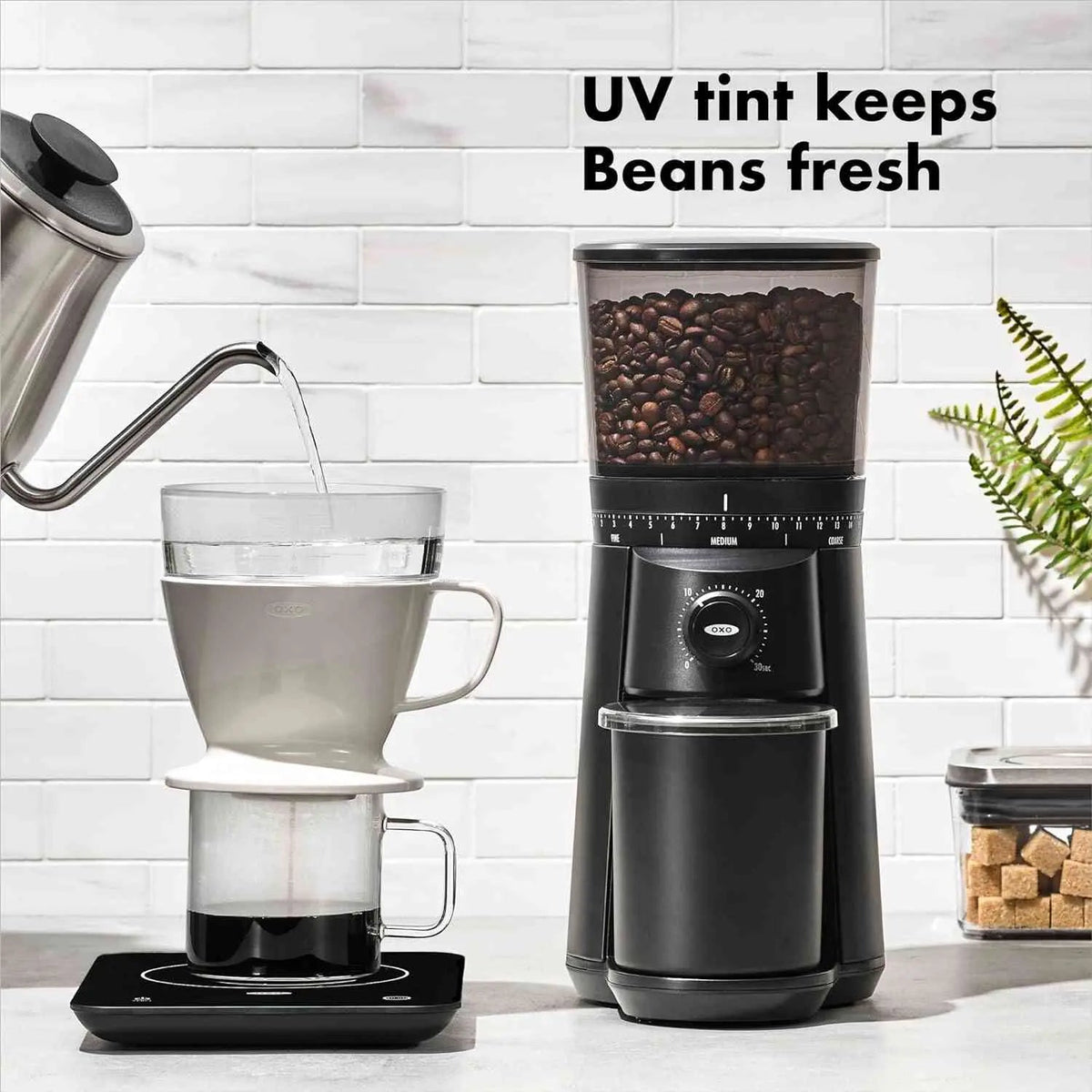 OXO Brew Conical Burr Coffee Grinder with stainless-steel burrs and 15 grind settings for uniform coffee grounds