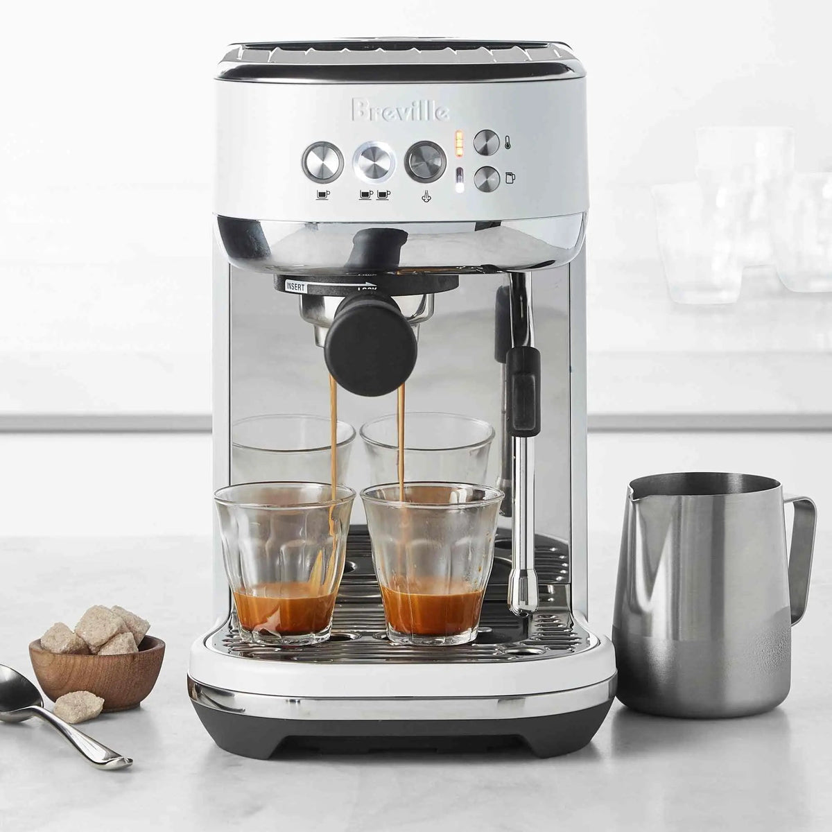 Breville Bambino Plus espresso machine in brushed stainless steel with automatic microfoam and fast Thermojet heating system