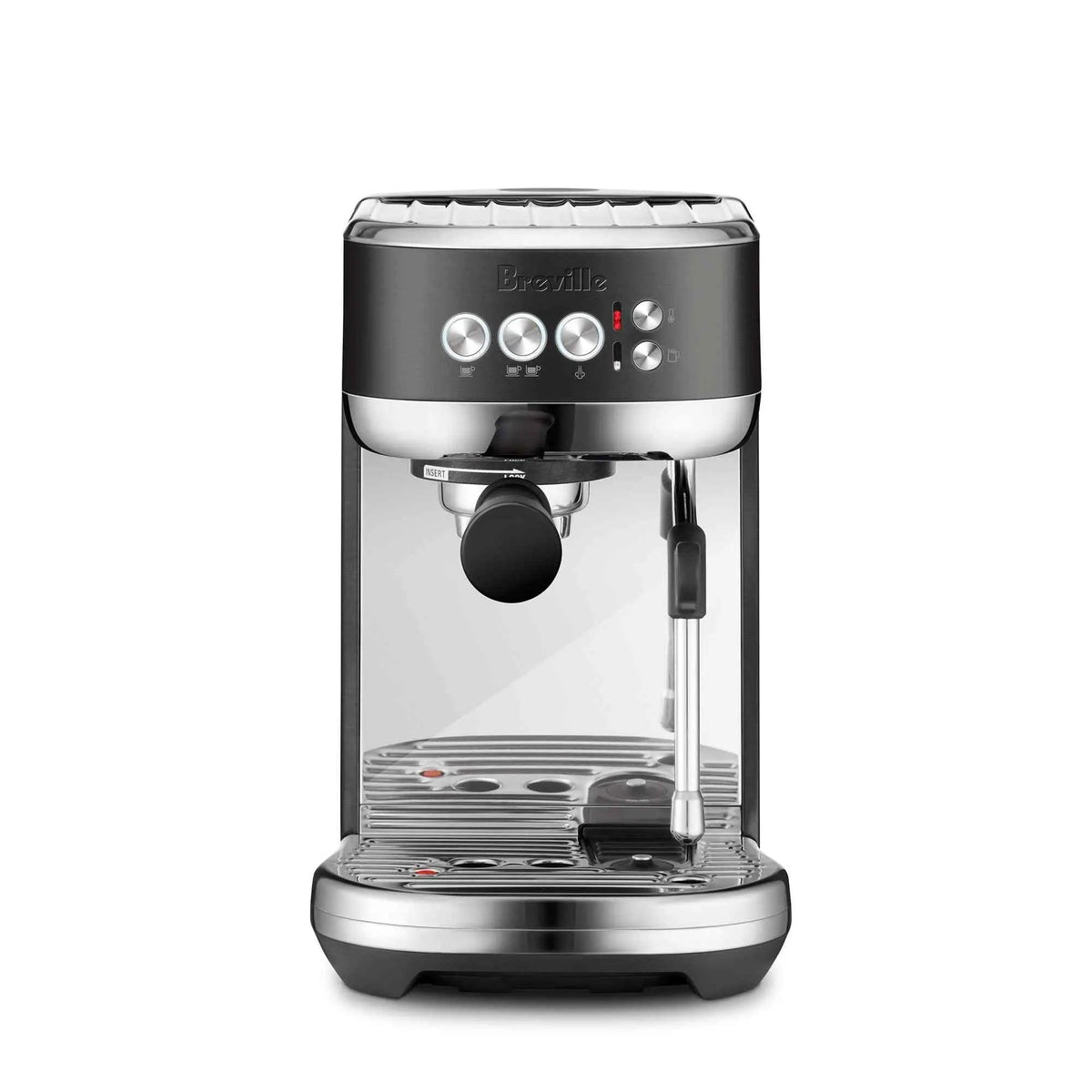 Breville Bambino Plus espresso machine in brushed stainless steel with compact design and automatic microfoam texturing