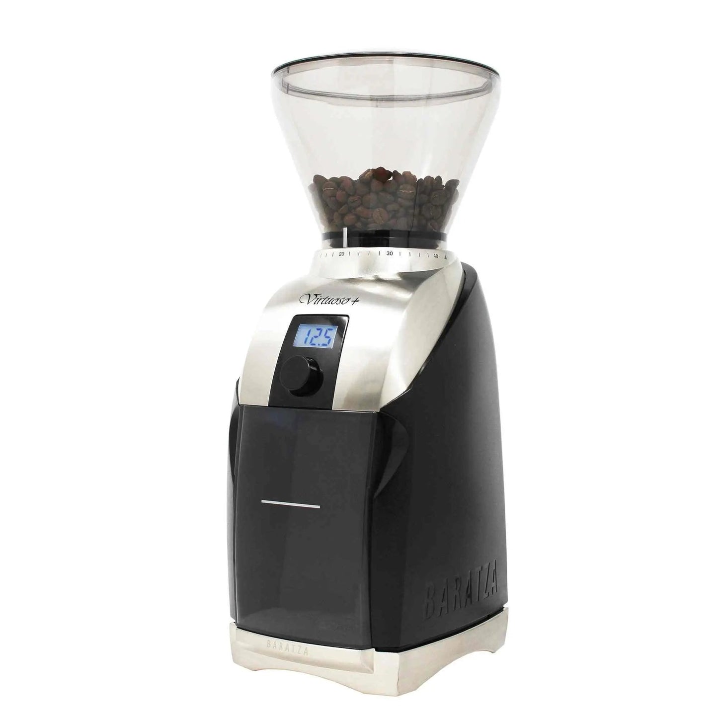 Baratza Virtuoso+ conical burr coffee grinder with digital timer and 40 grind settings for precise brewing.