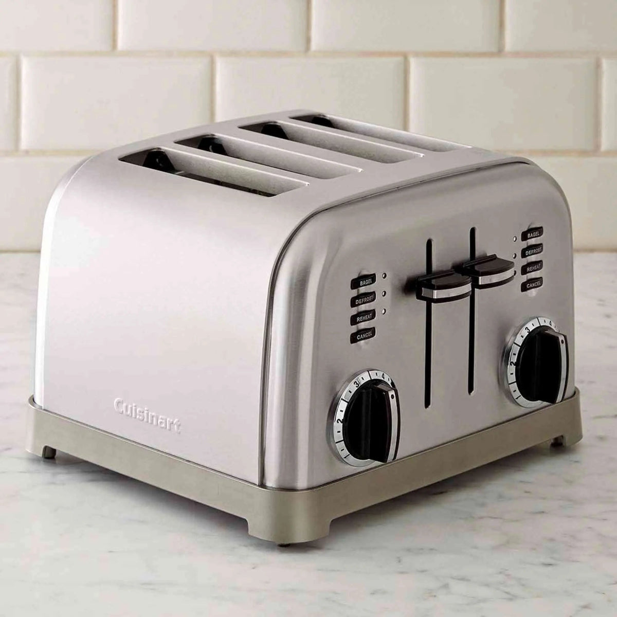 Cuisinart 4 Slice Toaster Oven in brushed stainless steel with dual control panels and six browning settings