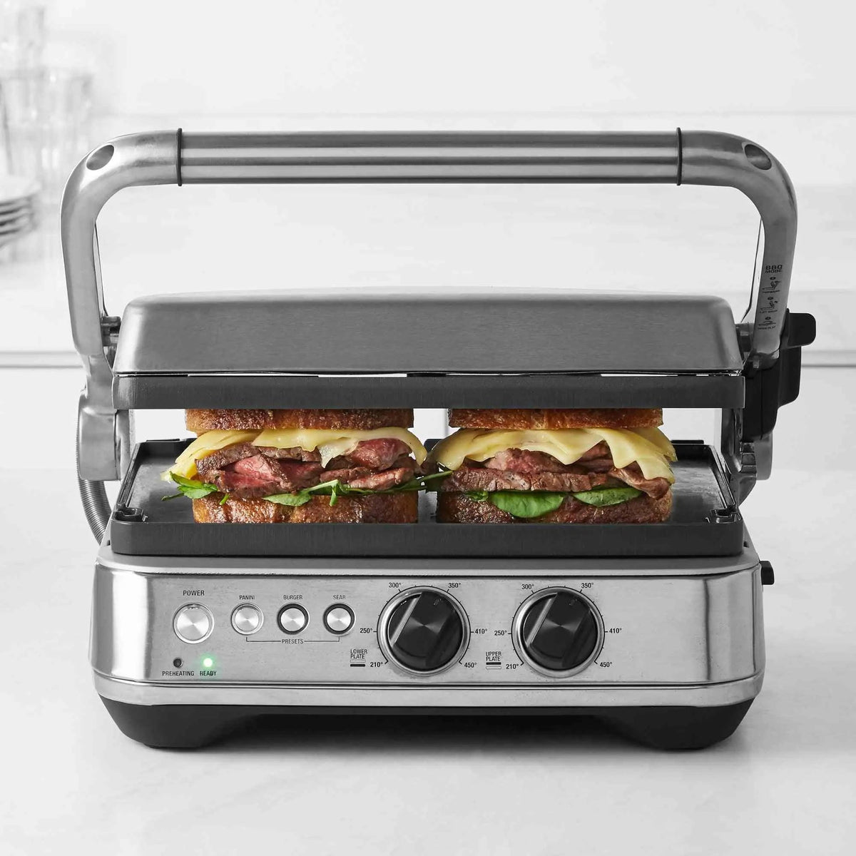 Breville BGR700BSS electric grill with one-touch presets, reversible ceramic plates, and flat BBQ mode