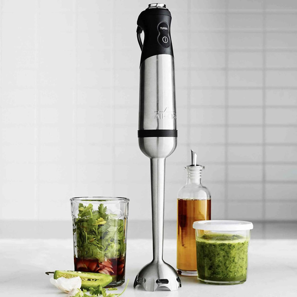 All-Clad Electrics stainless steel immersion blender with turbo function and variable speed control