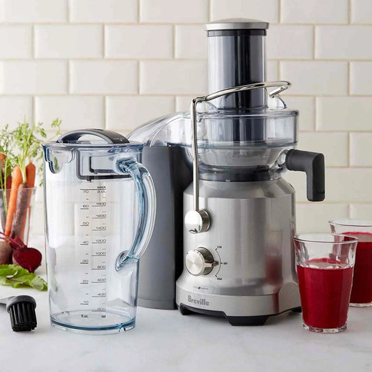 Breville Juice Fountain Cold Juicer silver model with 70-oz jug and advanced Cold Spin Technology for nutrient-rich juice extraction