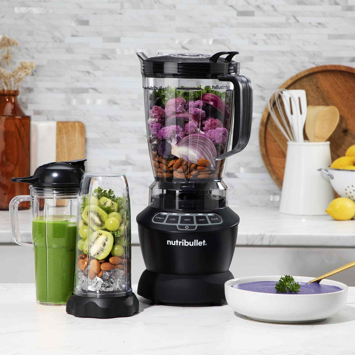 Nutribullet full size 1200W blender with multi-serving pitcher and single-serve cups for versatile blending