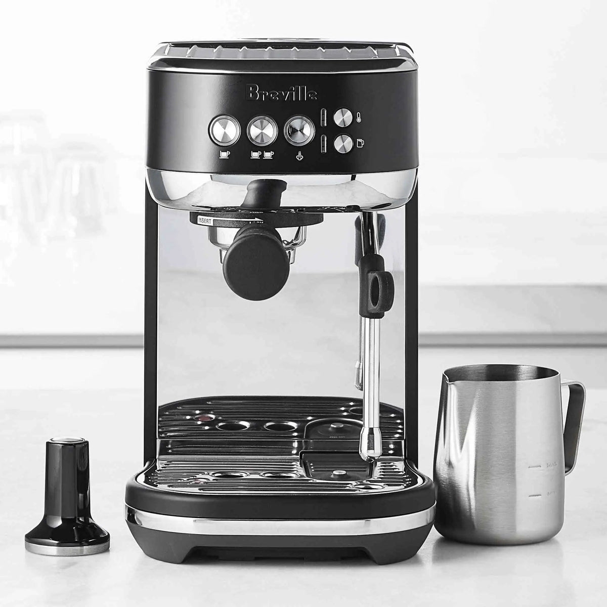 Breville Bambino Plus espresso machine brushed stainless steel compact design with automatic microfoam texturing
