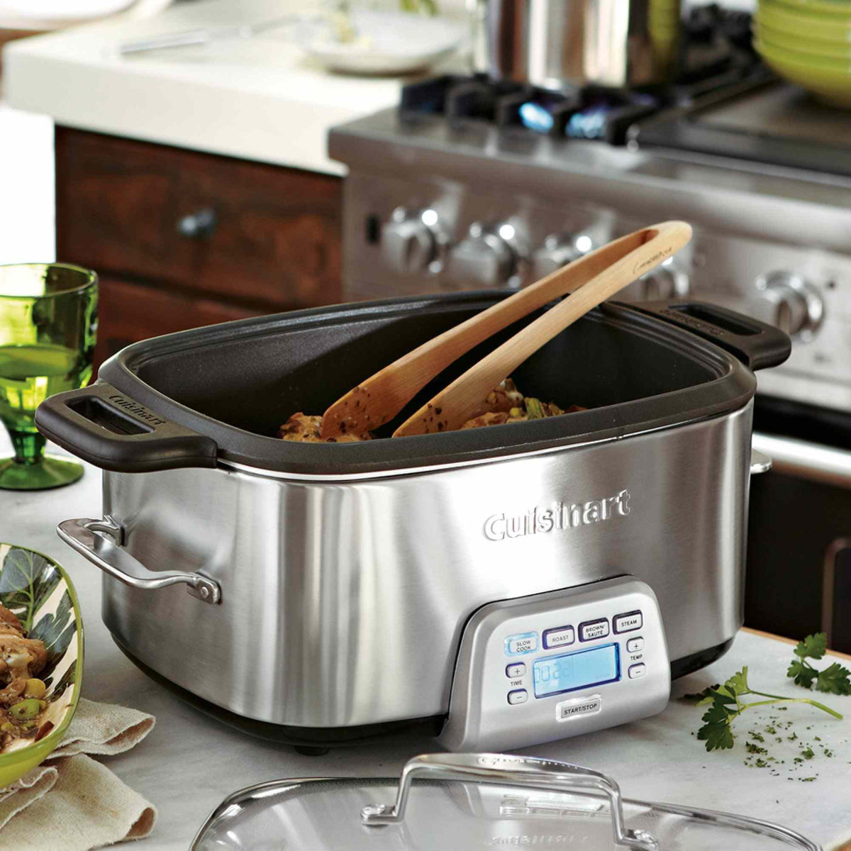 Cuisinart MSC-800 7-quart stainless steel multicooker with programmable cooking functions and blue LCD display