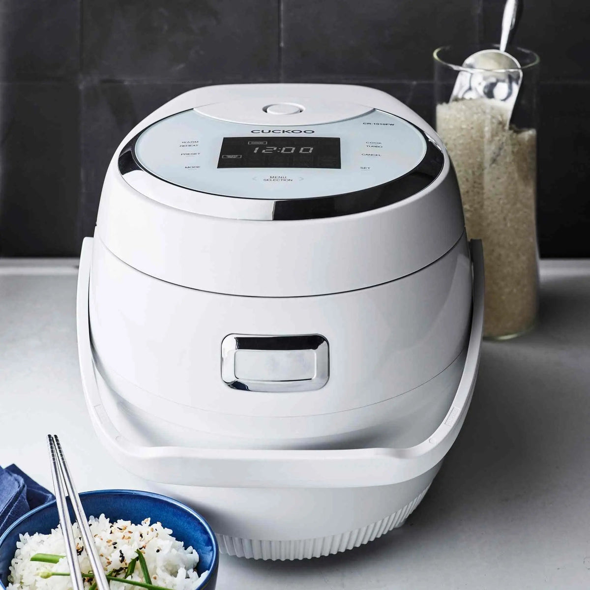 Cuckoo CR-1020FW 10-cup rice cooker with 16 menu options and LED touch panel