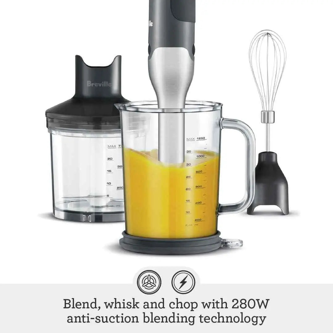 Breville Control Grip immersion blender with 15 speeds and ergonomic design for versatile kitchen tasks