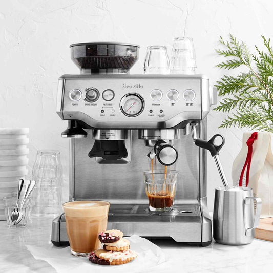 Breville Barista Express stainless steel espresso machine with integrated grinder and steam wand