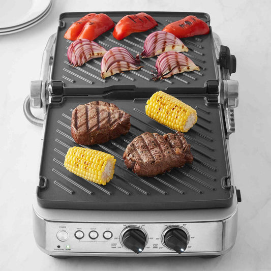 Breville BGR700BSS electric grill with one-touch presets, reversible ceramic plates, and open flat BBQ mode
