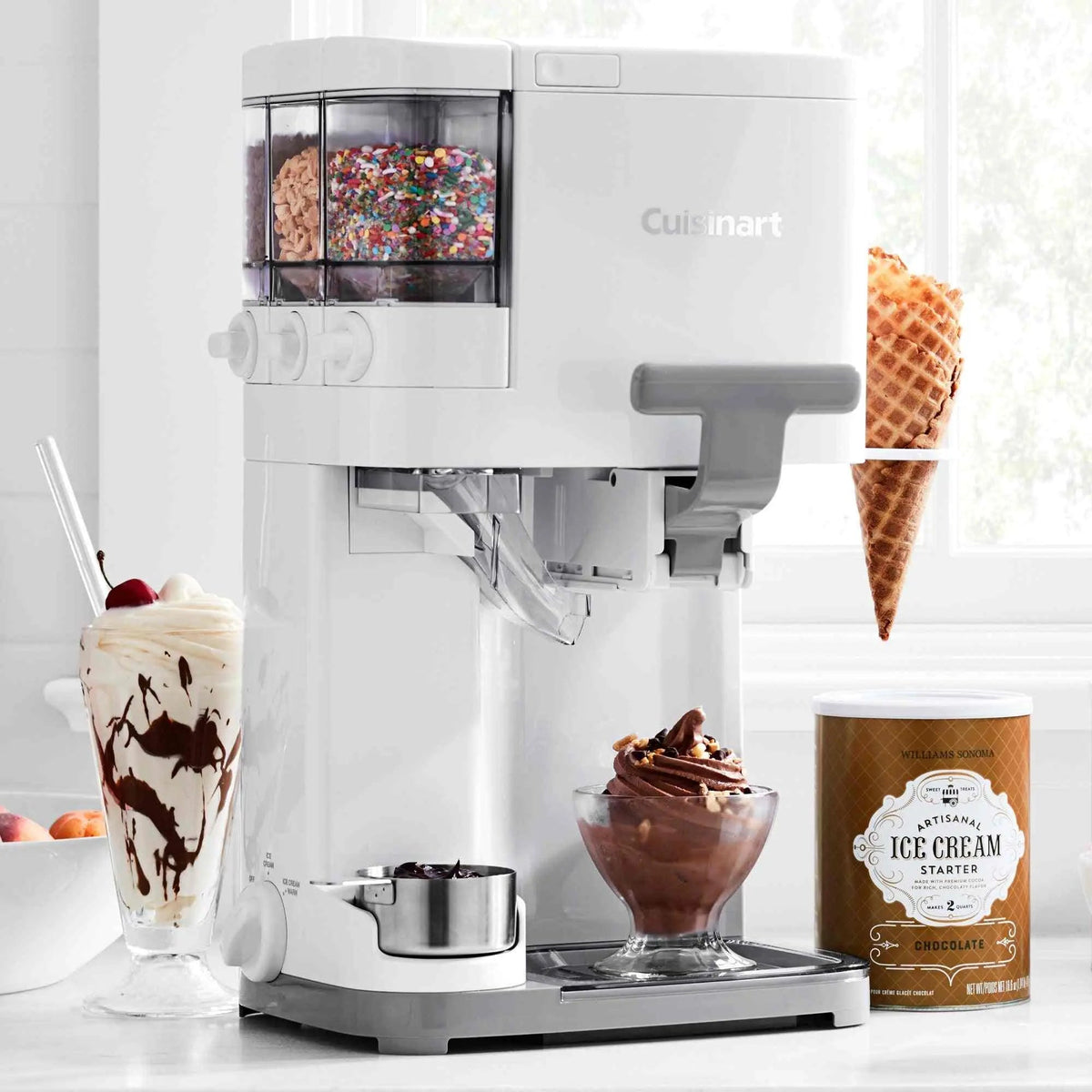 Cuisinart Soft Serve Ice Cream Maker with warming cup and three condiment compartments for homemade frozen desserts