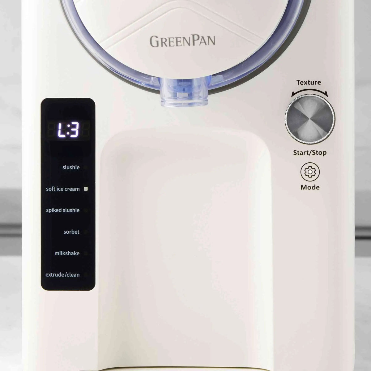 GreenPan Frost Ice Cream maker with six presets for soft ice cream, slushies, and milkshakes, featuring a user-friendly digital panel and ceramic nonstick coating.