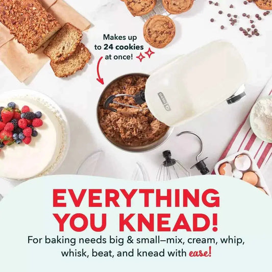 Dash Tilt Head 3.5QT stand mixer with 12 speeds, stainless steel bowl, three attachments, and splash guard in cream color