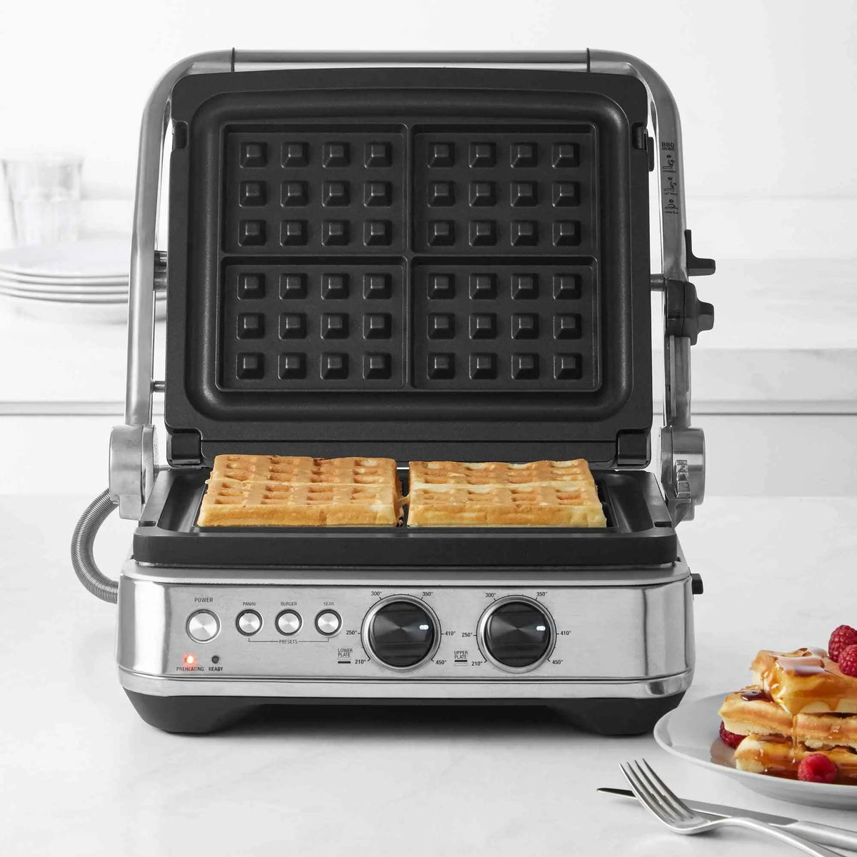 Breville BGR700BSS electric grill with one-touch presets, reversible ceramic plates, and open flat BBQ mode