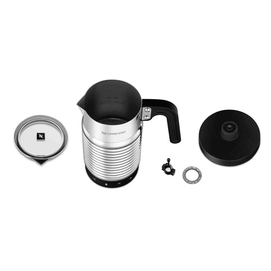 Nespresso Aeroccino 4 silver electric milk frother with ergonomic handle and dishwasher-safe chrome jug