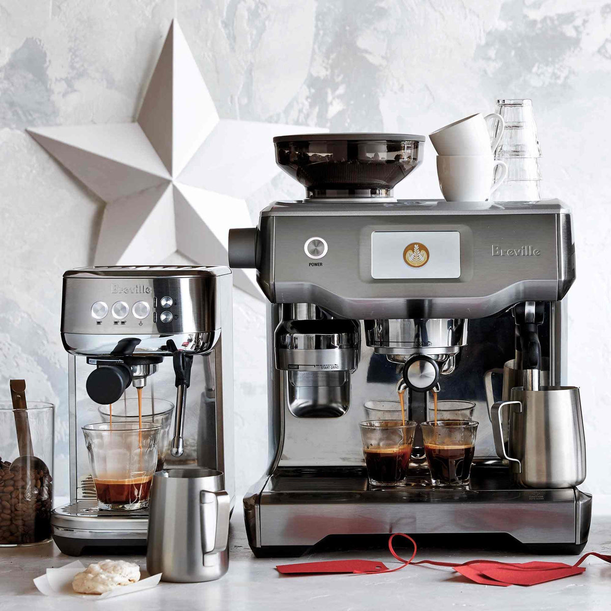 Breville Bambino Plus espresso machine in brushed stainless steel with compact design and advanced brewing features