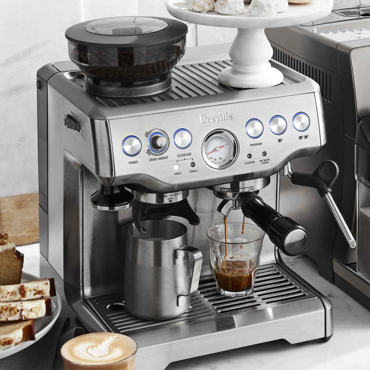 Breville Barista Express espresso machine with integrated grinder and stainless steel finish