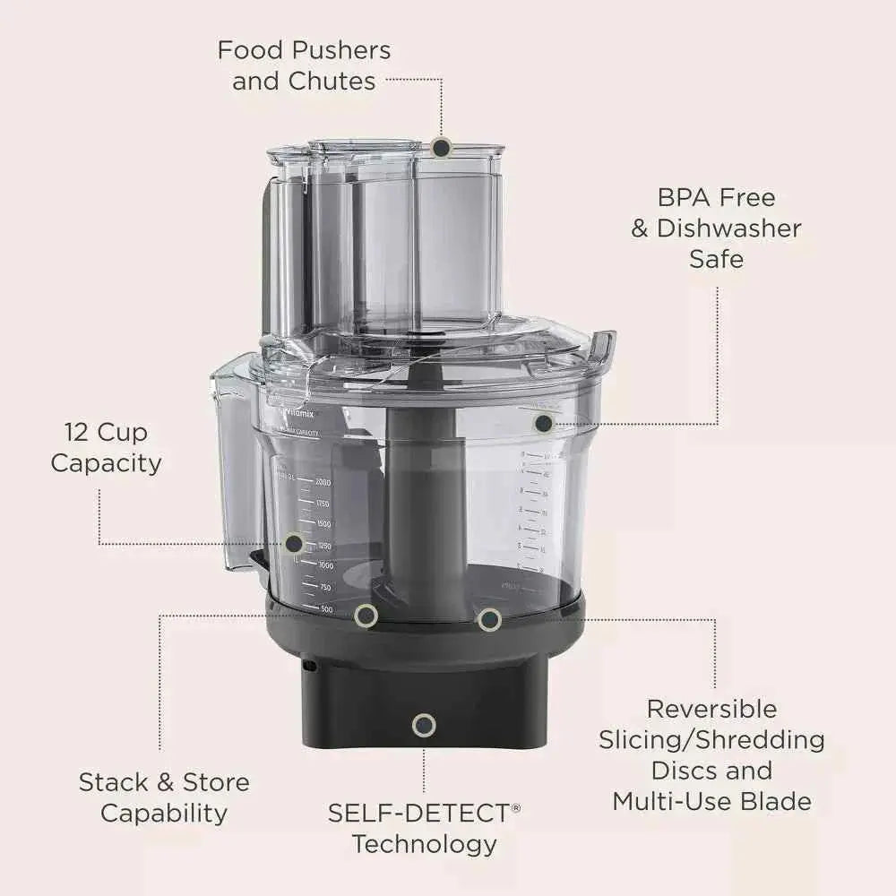 Vitamix Ascent Series 12-cup black food processor attachment with BPA-free, dishwasher-safe parts and SELF-DETECT technology