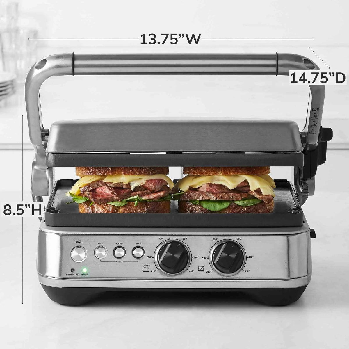 Breville BGR700BSS electric grill with one-touch presets, reversible ceramic plates, and BBQ flat mode