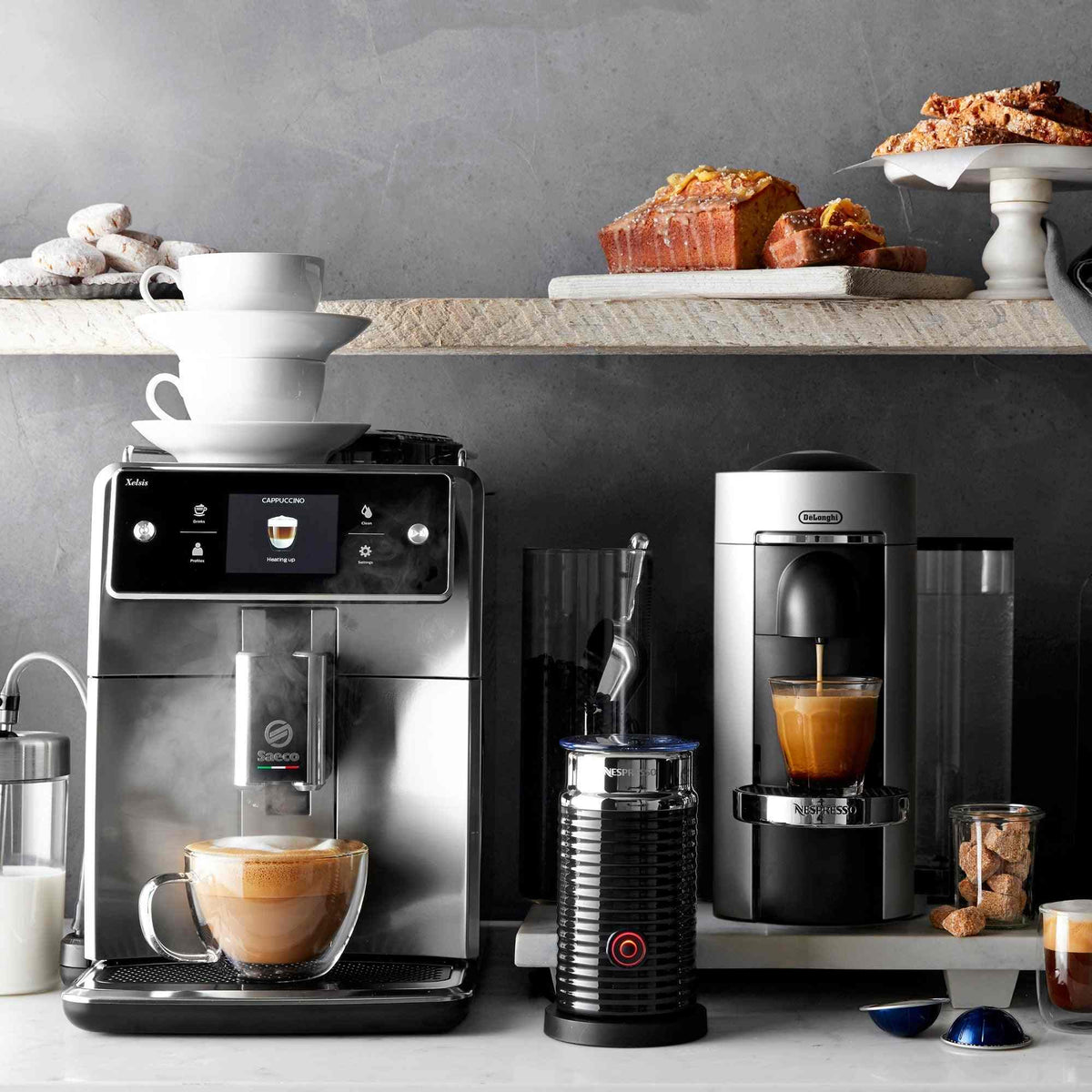 Nespresso VertuoPlus Deluxe coffee maker with Aeroccino milk frother and chrome accents