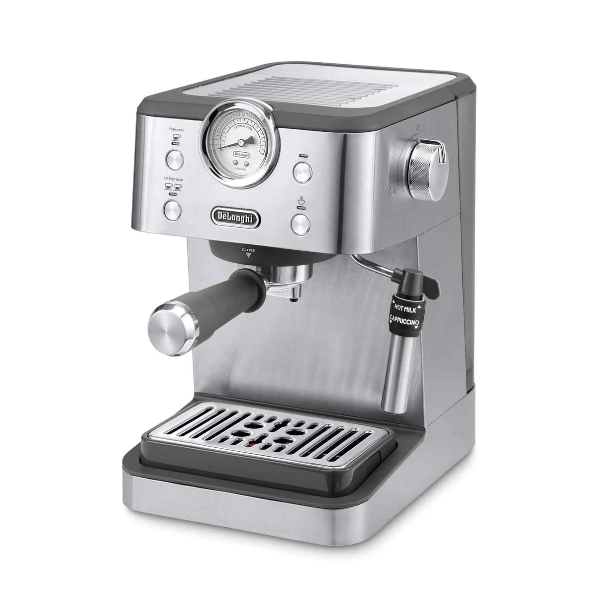 De'Longhi Classic Espresso Machine stainless steel with 15-bar pressure and Thermoblock technology for espresso and milk frothing