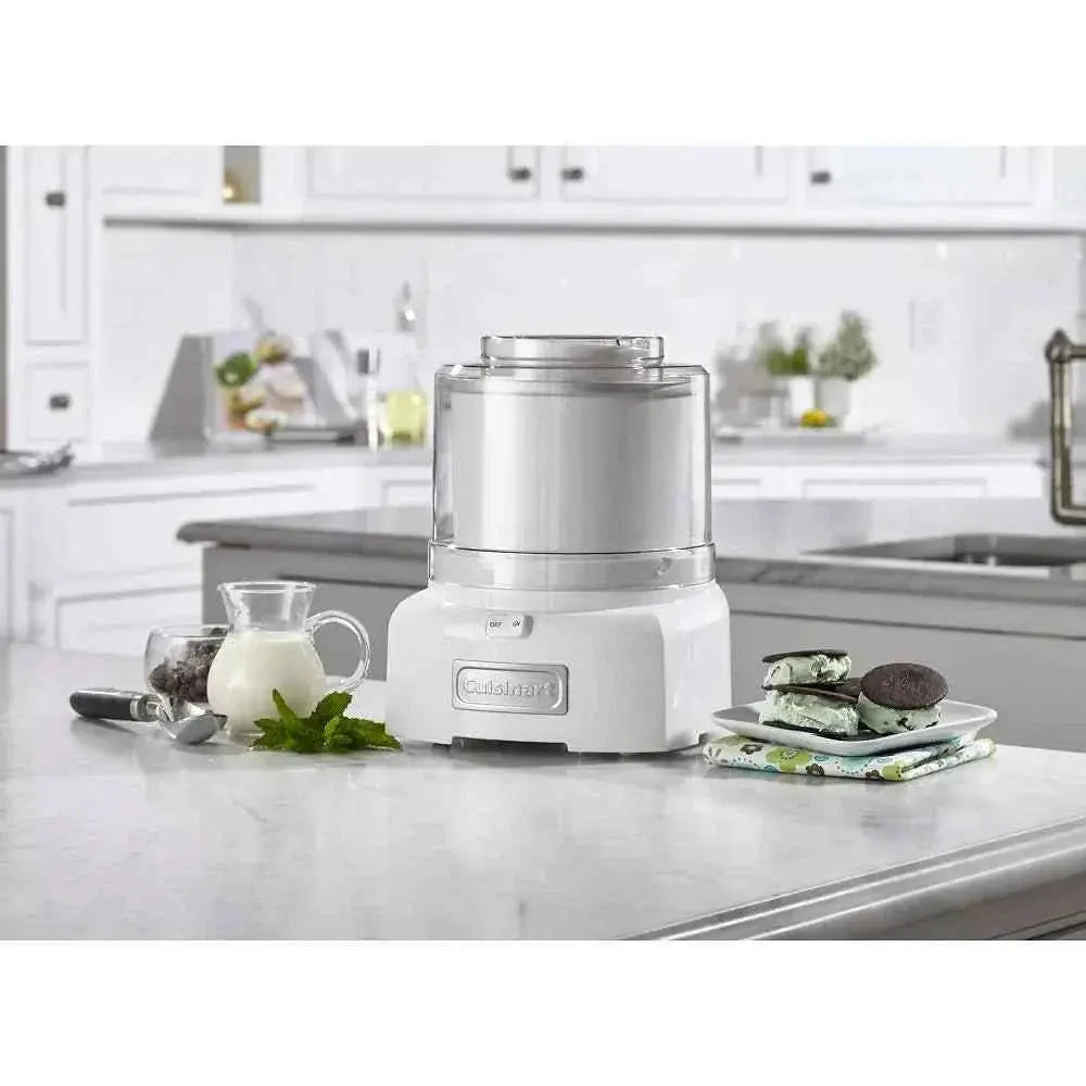 Cuisinart white automatic frozen yogurt ice cream sorbet maker with large capacity and double-insulated bowl.