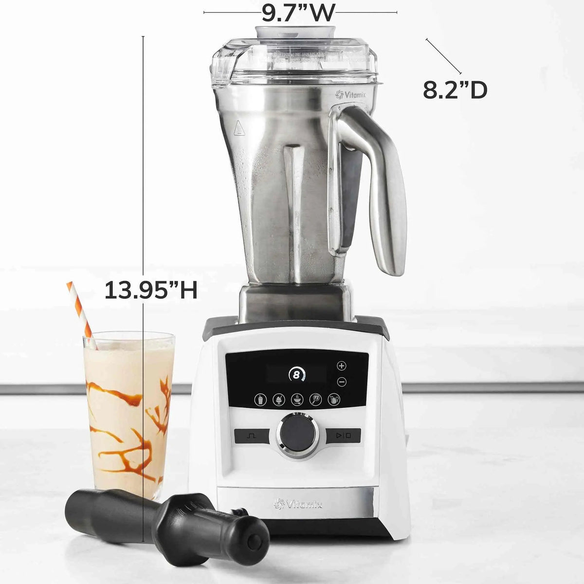 Vitamix stainless steel 48oz blender container with clear BPA-free lid, stainless steel blades, and measurement markings