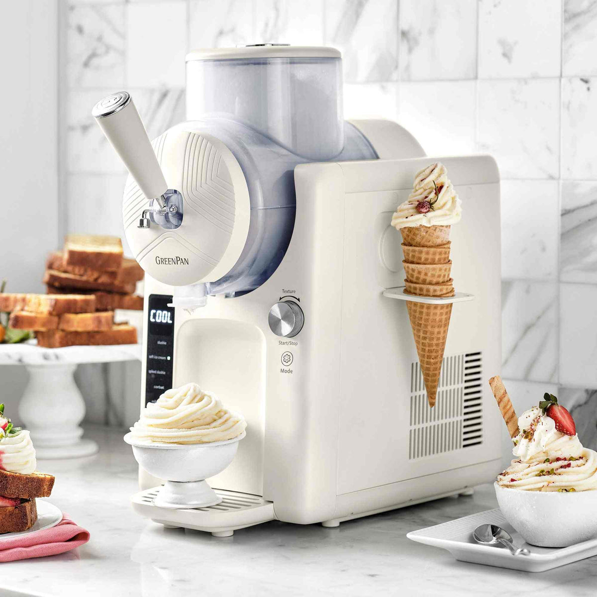 GreenPan Frost Ice Cream maker with six presets for frozen desserts and digital controls