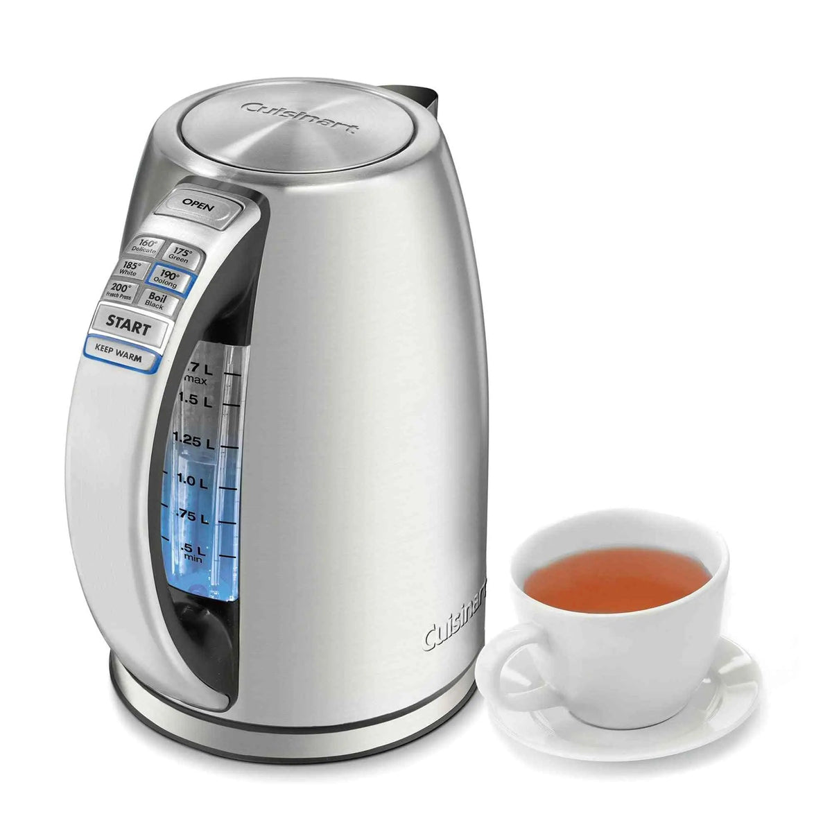Cuisinart 1.7-Liter stainless steel cordless electric kettle with 6 preset temperatures and blue LED controls