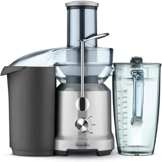 Breville Juice Fountain Cold Juicer silver model with 70-oz capacity and Cold Spin Technology for nutrient-rich juice extraction