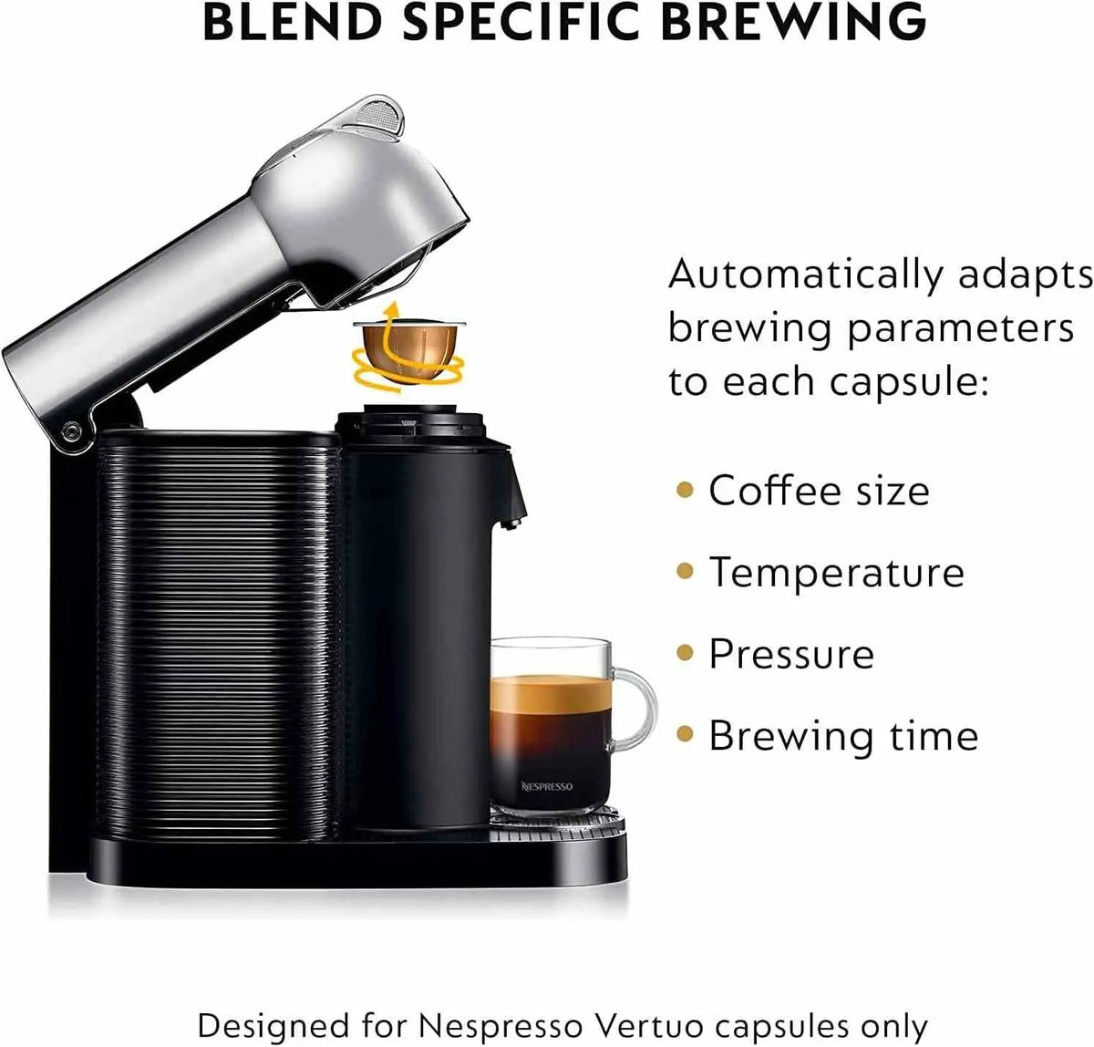 Nespresso Vertuo coffee and espresso maker by Breville with Centrifusion technology brewing authentic espresso and American coffee