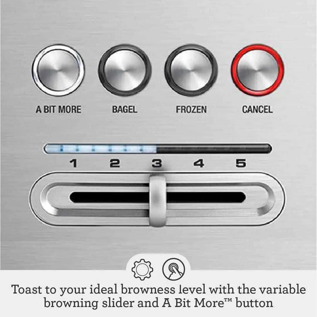 Breville Bit More 4-slice brushed stainless steel toaster with LED progress indicator and long slots for artisanal bread