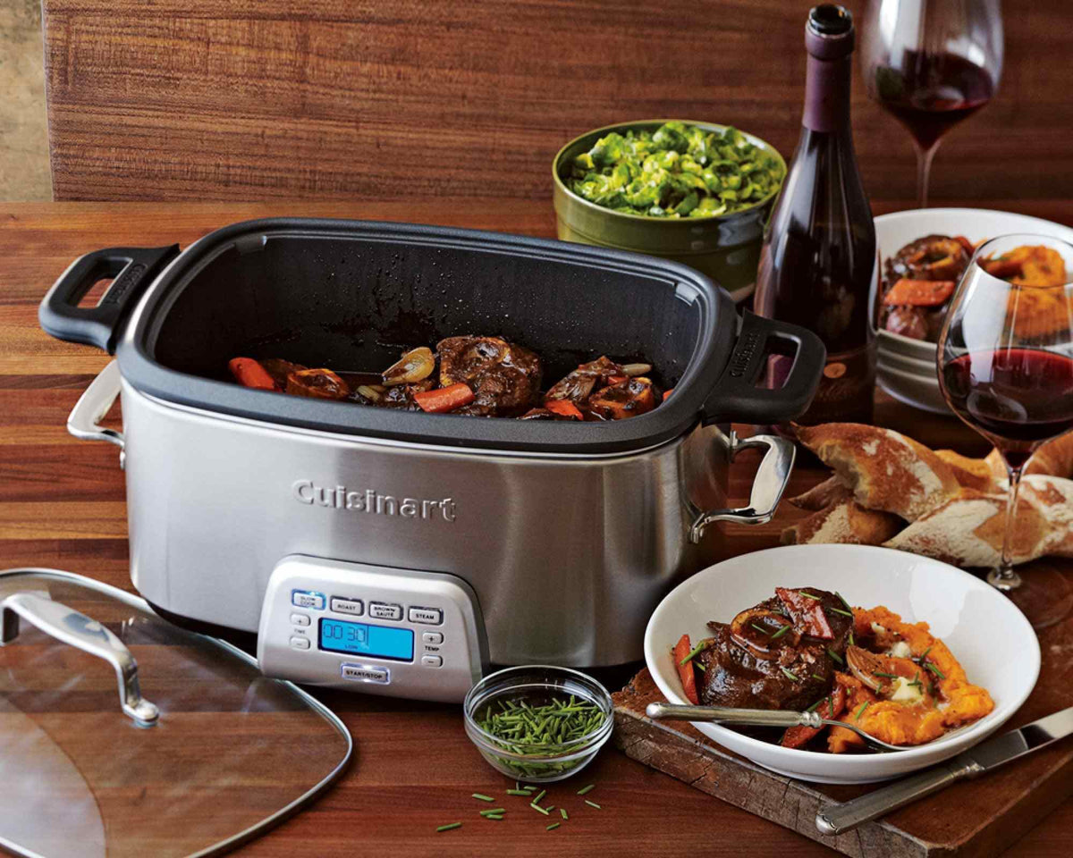 Cuisinart MSC-800 stainless steel 7-quart 4-in-1 multicooker with programmable slow cook, roast, sauté, steam functions and blue backlit LCD display