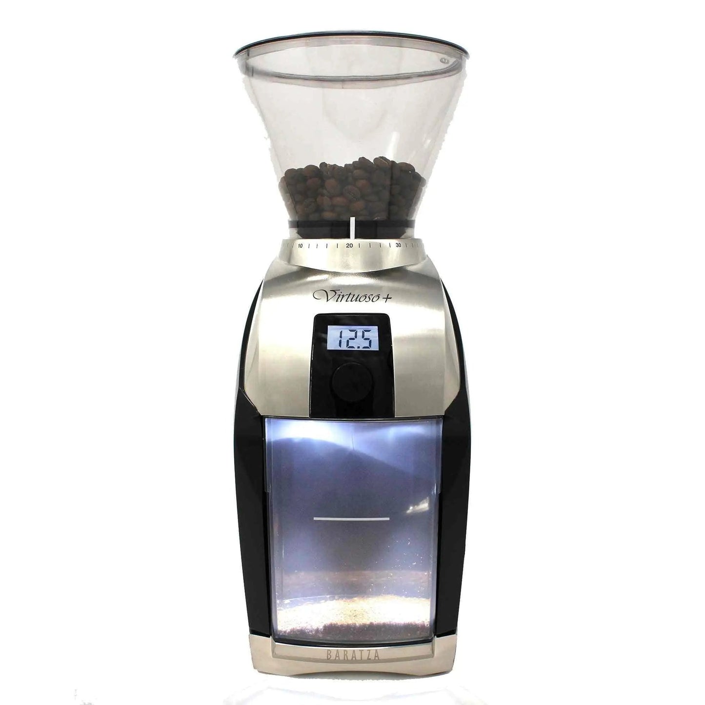 Baratza Virtuoso+ coffee grinder with digital timer and conical burrs for precise brewing