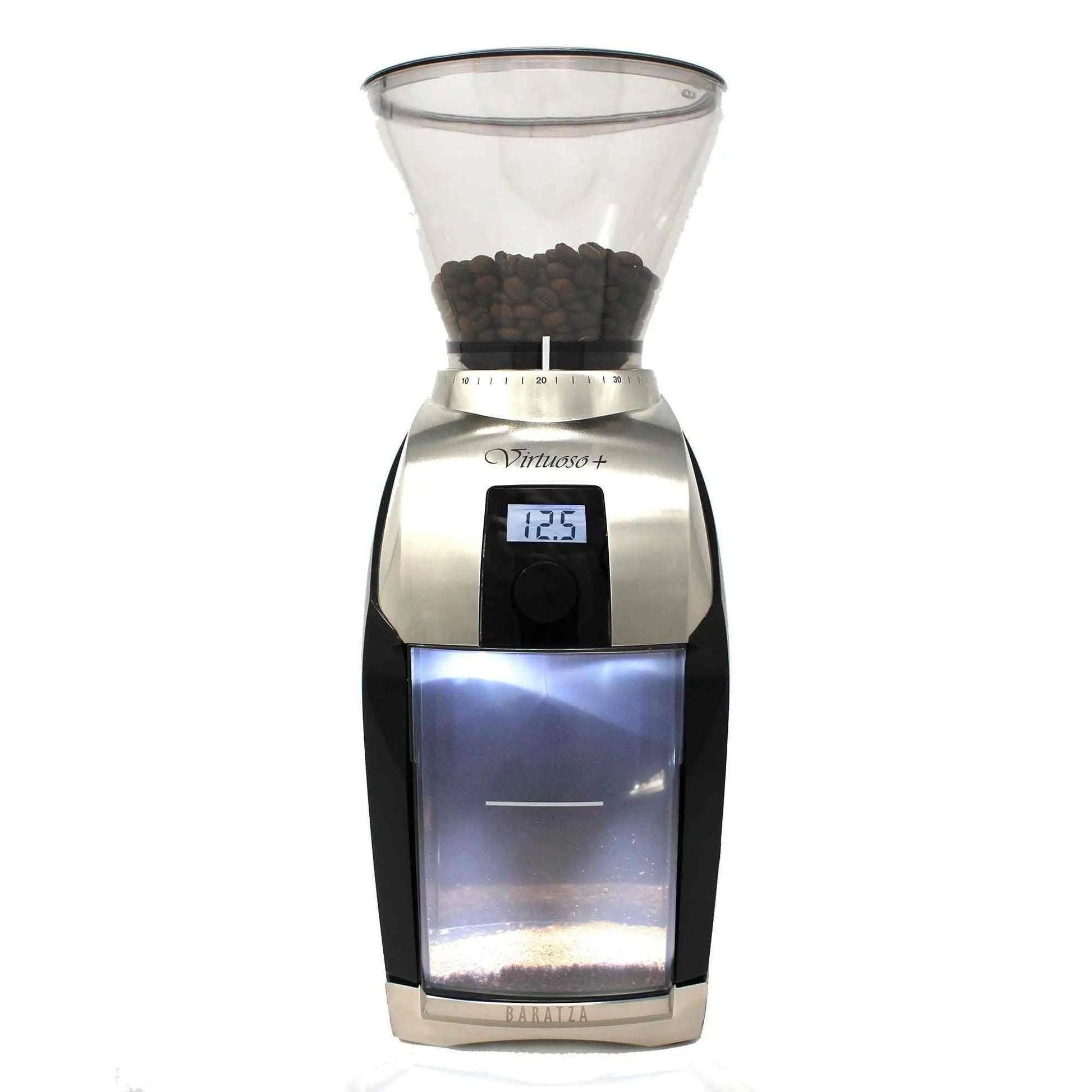 Baratza Virtuoso+ coffee grinder with digital timer and conical burrs for precise brewing