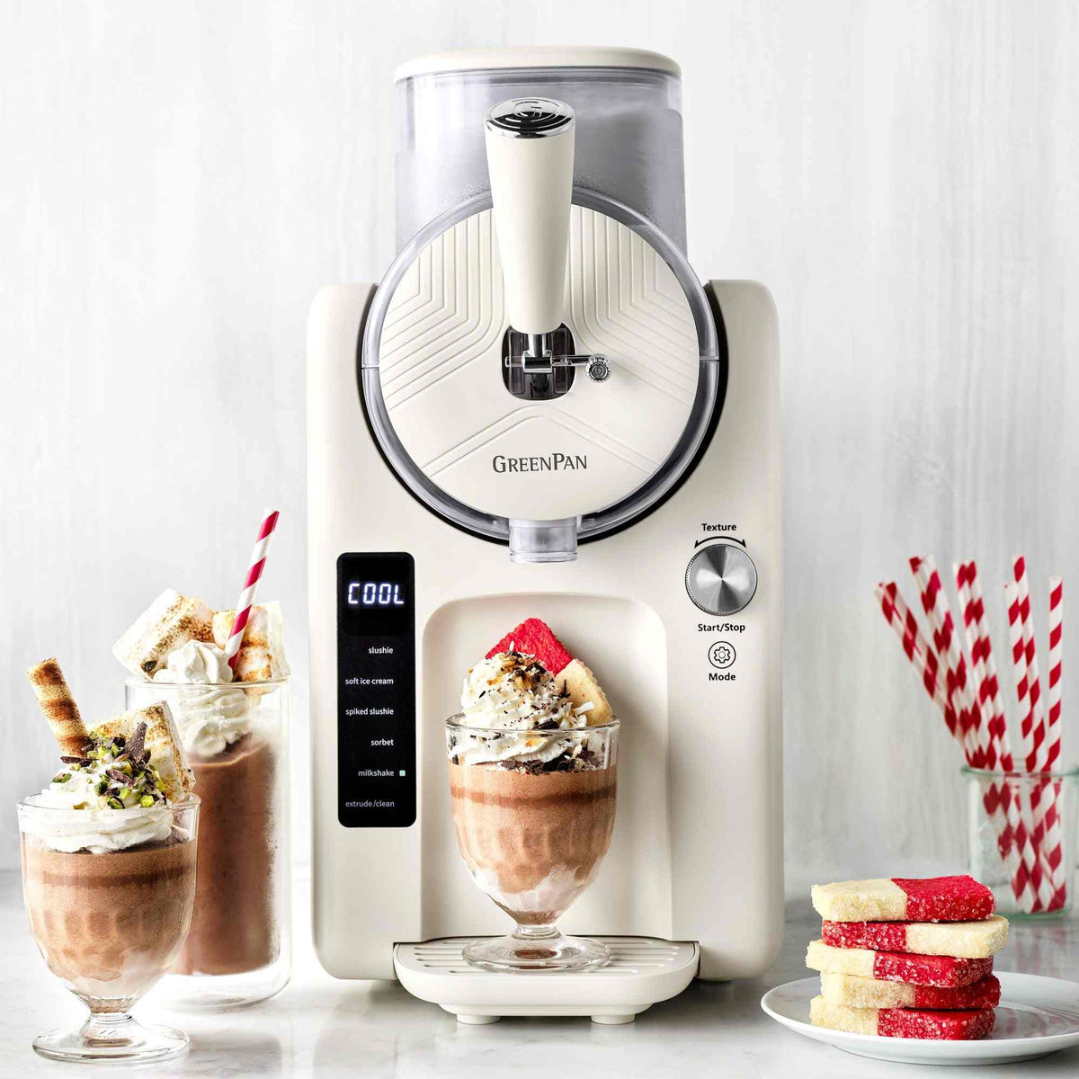 GreenPan Frost Ice Cream maker with digital controls and 6 preset programs for soft ice cream, slushies, and milkshakes